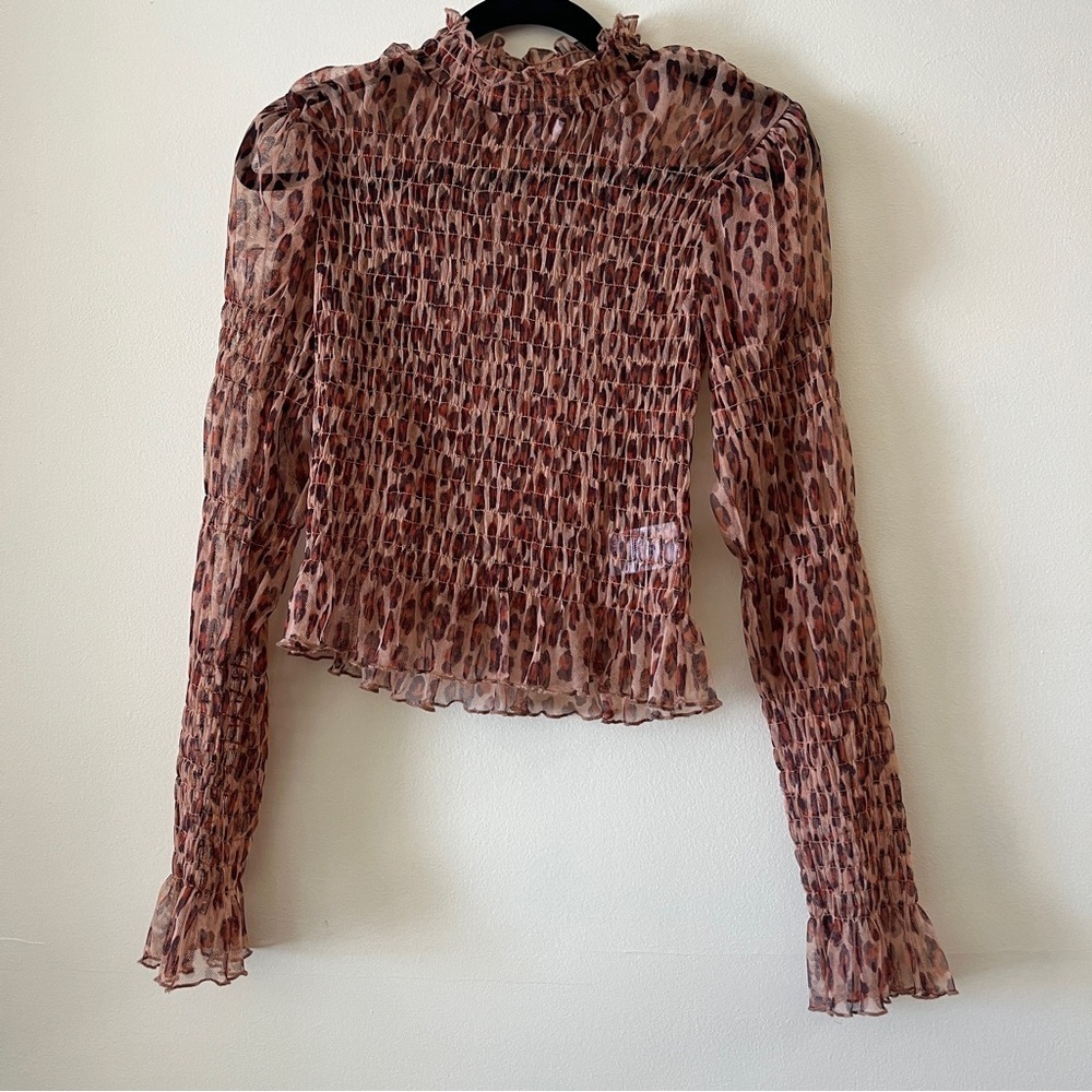 FREE PEOPLE Smocked HELLO THERE Mesh Top Leopard Cheetah Mock Neck Size Small - Picture 14 of 14